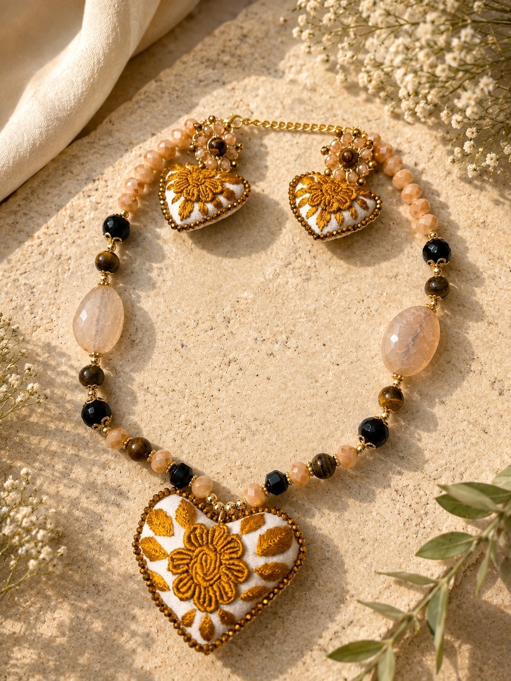 Embroidered Heart Pendant Necklace & Earring Set - Gold and Peach